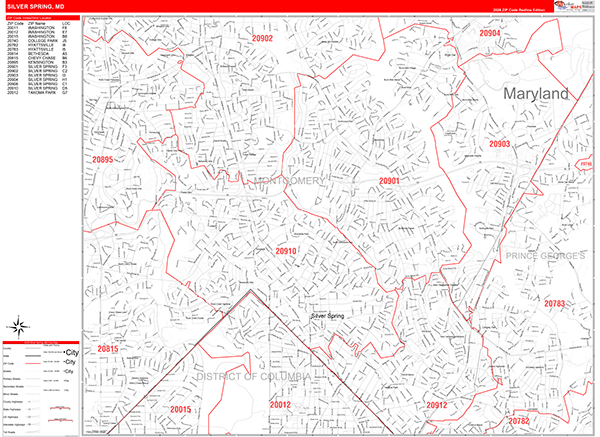 Silver Spring City Wall Map Red Line Style